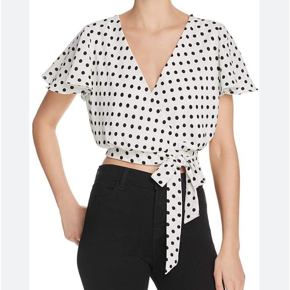 Aqua Front Tie Polka Dot Cropped Blouse